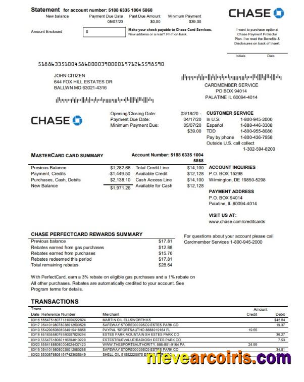 USA Chase bank Mastercard card statement easy to fill in Word and PDF format